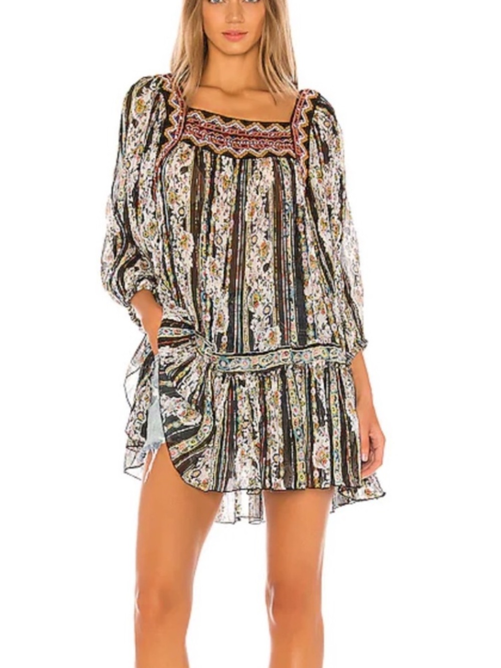 Free People Black Multi Floral Embroidered Peasant Tunic Sheer**